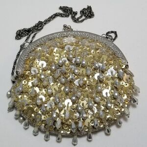 Vintage Gold Beaded Evening Bag Sequin Pearl Embellished Clutch 7” x 7”